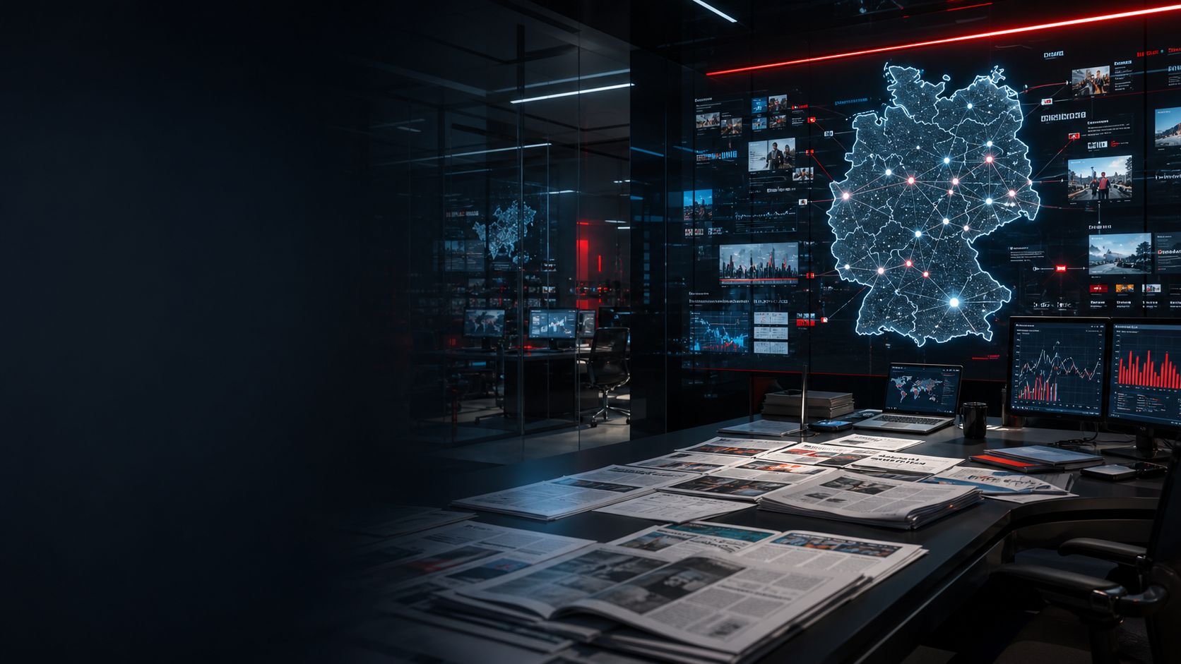 Dunkler digitaler Newsroom mit Medienkarte, Artikeln und Analysebildschirmen
